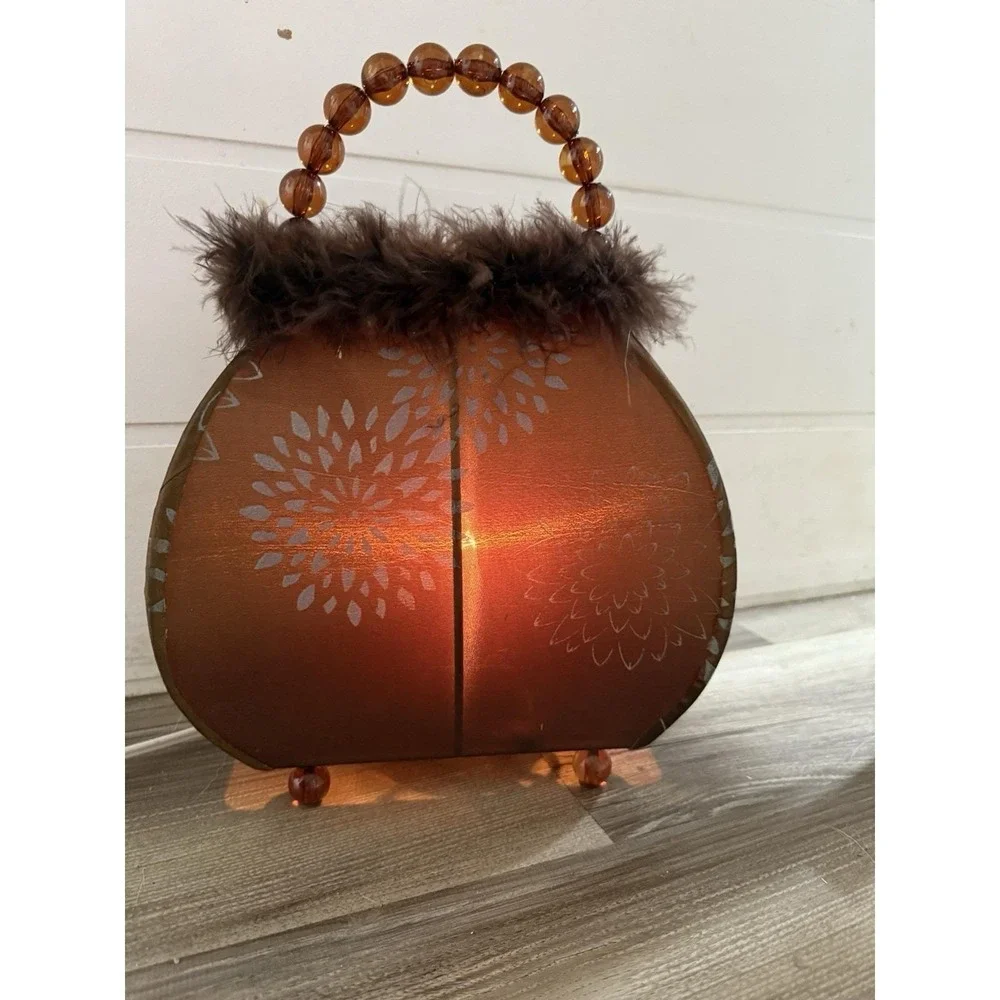 PURSE LAMP Pair Table Top Light Vintage Style NIGHT‎ Brown  Fuzzy Fur Art Deco
